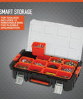 Workhorse Light Duty Modular Rolling Toolbox System With Telescopic Handle And Mobile Base With Ten Removable Bins open