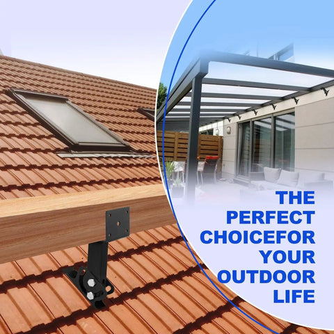 Built Like A Tank Adjustable Roof Riser Brackets that swivel to secure wood posts on a tiled roof for easy pergola setup.