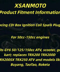 XSANMOTO product fitment information with motorcycle silhouette, Racing CDI Box Ignition Coil Spark Plug, for 50cc-150cc engines