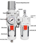 Half Inch NPT Pro Grade All In One Filter Regulator Lubricator Combo With Water And Oil Trap Separator Gauge 0 To 150 Psi Poly Bowl
