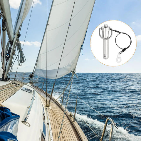 Tough As Nails Quick Release Pins 2 Pack Half Inch By 1 5 Inch Push Button Ball Locking Hardware in use on a sailboat.
