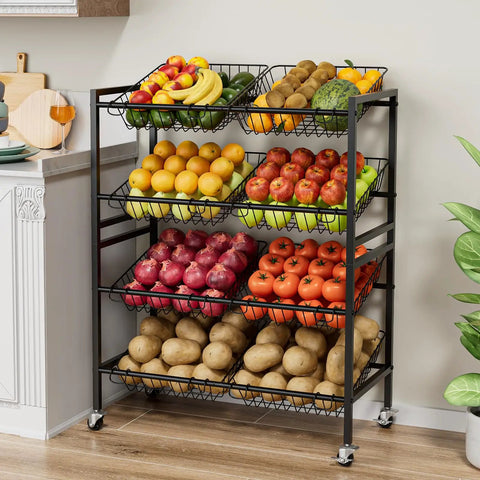 25.2 Inch Wide Kitchen Storage Cart With Four Tier Basket System Rolling Metal Pantry Organizer Removable Baskets For Onion And Potato Storage Fruits And Veggies Black