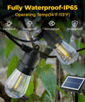Outdoor Solar String Lights 29 Ft Long With 10 S14 Edison Bulbs Warm White IP65 Waterproof shown in rain with solar panel