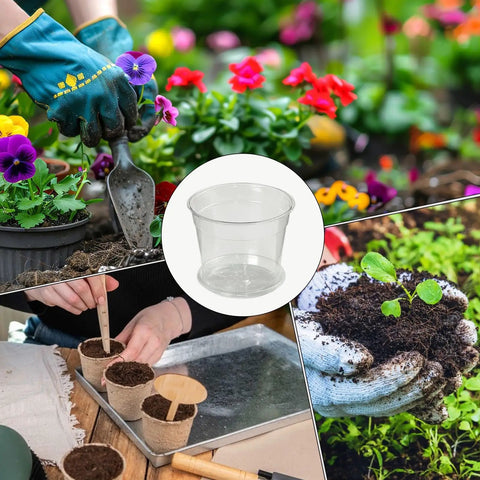 10 Piece Reusable Flexible Nursery Pots With Drainage For Indoor And Outdoor Gardening Great For Yard Balcony Patio Backyard Planting Repotting Growing Plants Includes Drip Catcher Saucer Durable Warp Resistant Design shown with gardening scenes