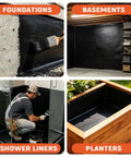 Rock-Solid Heavy-Duty Foundation Sealant Workhorse And Rubber Silicone Waterproof Sealant For Basement Leak Repair and Shower Liners Planter Boxes Coating Indoor Outdoor Black 5 Gallon Tub applied on foundations, basements, shower liners, and planters.