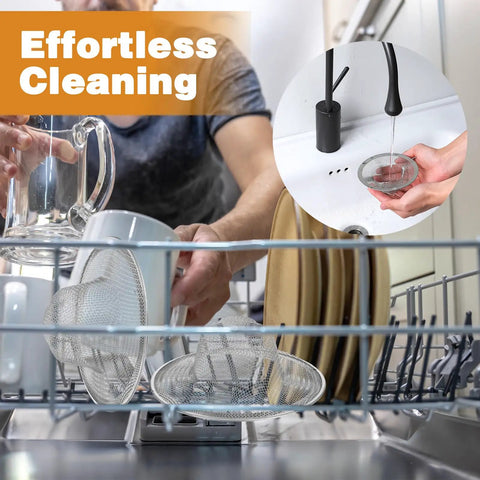 Twenty Piece Stainless Steel Sink Strainer Set Universal Mesh Drain Basket on dishwasher rack, designed for effortless cleaning.
