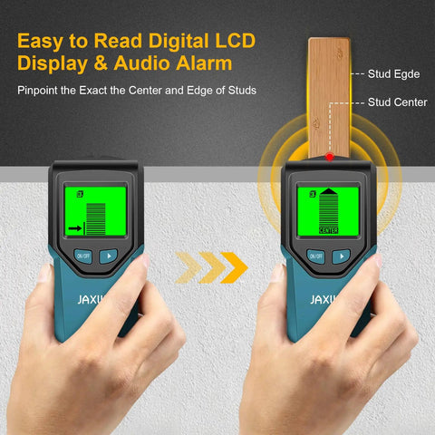 Smooth Operator 5 In 1 Wall Scanner And Stud Detector With Smart Chip Technology HD LCD Display showing stud center and edge detection.