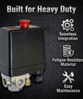 Hella Tough 4 Port Psi Pressure Switch Replacement For Husky Air Compressors Smooth Flow 25A Control Valve rugged black unit with red knob.