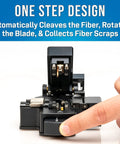 One Step Fiber Optic Cleaver With Auto Rotating Blade For Precise Cleaves And Scrap Collection close-up with finger on control.