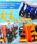Bright yellow plastic hangers with DIN threads for BCD vests, wetsuits, and dry gear; heavy duty scuba organizer displayed in grid layout.