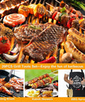 Outdoor barbecue with 20 Piece Grilling Accessories Set For Outdoor Barbecue With Apron And Carry Bag Includes Long Spatula Tongs Fork Basting Brush Kabob Skewers Corn Holders Grill Brush And Knife For Dad, showcasing grilling meats, vegetables, apron, basting brush, kabob skewers.