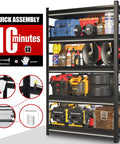 63 Inch Heavy Duty Garage Shelving Unit With Five Tier Adjustable Metal Storage Racks For Workshop Organization Black 15.75 Inch Deep 31.5 Inch Wide 63 Inch High Durable Steel Shelving System loaded with tools and equipment