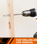 Power drill using Go-To Spade Drill Bit Set for Woodworking, 13-Piece Alloy Steel Paddle Bits With Quick Change Shank.