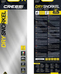 Packaging of Itaca Ultra Dry Snorkel With Patented Dry Guard showing product details and features.
