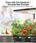 Indoor Hydroponic Garden System With LED Grow Light Dual Tier 44 Pod Kit with tomatoes, diagram of full-spectrum light benefits