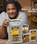 Person holding Interior Wood Screws Assortment Kit With Seven Sizes, Stick Tight Technology, Zinc Plated Carbon Steel.