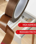 Hella Smooth Low Friction Drawer Slide Tape Two Rolls Half Inch By Thirty Three Feet No Squeak Adhesive Padding showing brown tape for cabinets.