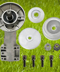 Beefed Up Trimmer Gear Head Replacement Kit with gearbox, thrust washer, rider plate, M10x1 left-hand thread nuts displayed on grass
