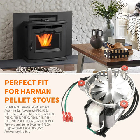 Replacement Combustion Blower Motor for Pellet Stoves and Inserts with 3-20-502221 Fan Blade shown next to a pellet stove