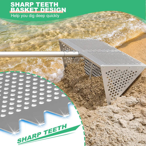 16 Inch Aluminum Sand Flea Rake With Sifter Basket And Scoop For Beach Fishing Bait, showing sharp teeth basket design in sand