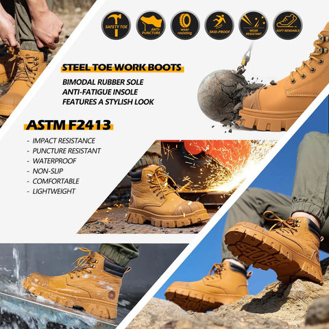 Waterproof Steel Toe Work Boots For Men 6 Inch Leather Construction Shoes With Non Slip Rubber Outsole And Kevlar Midsole ASTM F2413-24 Rated Indestructible Lightweight Safety Boots For Tough Jobs showing various views and features.