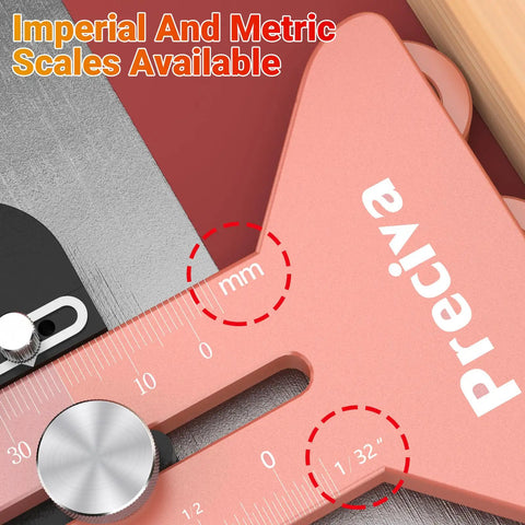 Close-up of laser etched gauges on Dead Nuts Accurate Three Pulley Thin Rip Jig For Table Saw with imperial and metric scales.