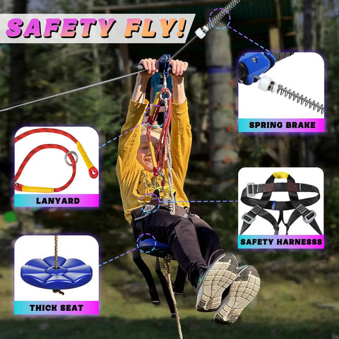 Child using Backyard Zipline Kit For Kids And Adults With Stainless Steel Spring Brake, cable, harness, and seat.