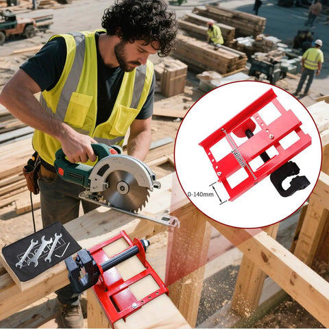 Heavy Duty Chain Saw Rail Positioner Attachment For Portable Mills And Timber Bucking Projects Featuring Built Tough Steel Construction And Straight Shooting Alignment For No Mess Lumber Cuts in use on wooden beams.