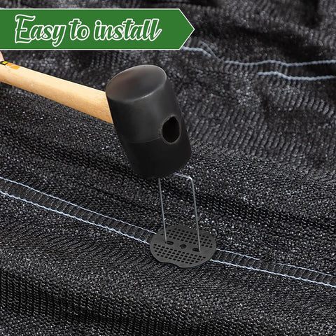 Image showing 200 Pcs Landscape Staple Gasket Washers for Weed Barrier Fabric installation with a mallet.