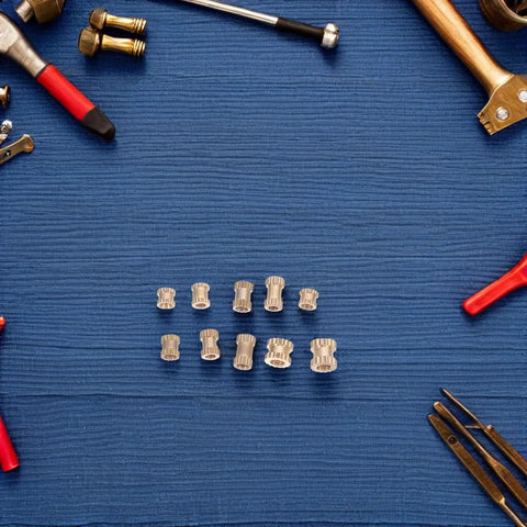 Brass Knurled Threaded Insert Nuts Kit With M2 M2.5 And M3 Sizes 500 Piece Assortment For DIY 3D Printing Projects Plastic Embedding And Secure Fastening, brass inserts on blue mat