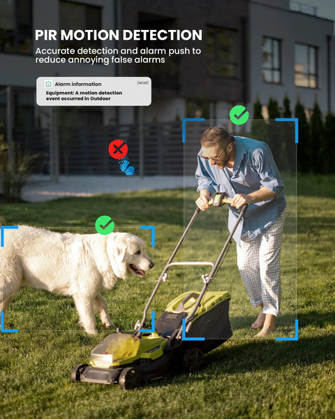 Person mowing lawn with dog nearby; demonstration of Wireless Outdoor Solar Security Camera System With 2K Color Night Vision Battery Powered PIR Motion Detection Two Way Talk IP65 Weatherproof Siren Alarm No Fuss Setup Easy Install Long Standby detecting motion