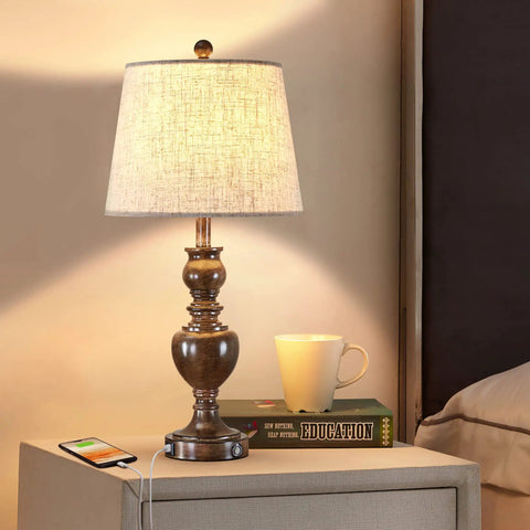Set Of 2 Farmhouse Table Lamps With 3 Way Dimmable Touch Control, USB Charging Port, Resin Base With Linen Shade in bedroom