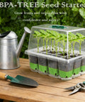 5 Pack Reusable 60 Cell Seed Starter Trays With Humidity Dome, BPA-free germination kit with gardening tools on wooden table