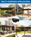 Level Up Your Patio Game With Rock Solid Four Way Pergola Bracket Kit For Standard 4X4 Posts Heavy Duty Steel Build And All Weather Finish Includes Two Pack Corner Connector Plates multi-scenario use with black corner connectors and wooden pergola.