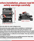 Dimensions and safety warnings for Beefy 60 Amp Waterproof Circuit Breaker Inline Fuse With Manual Reset Switch for Boats