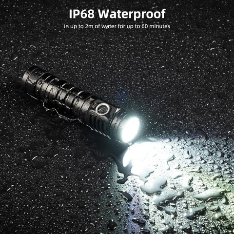 C2 USB C Rechargeable Flashlight 2000 Lumen Tactical Light with 7 Modes IP68 Waterproof shining on wet surface