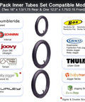 3-Pack Inner Tubes Set with included models and stroller brand compatibility, featuring different tube sizes and brands.