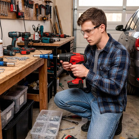 Cordless Drill Rivet Attachment With Quick Change Head Pro Grade Nut Tool Adapter For Fast Home Repairs And On Site DIY Projects Durable Metal Construction For Smooth Precise Riveting, man using drill in garage