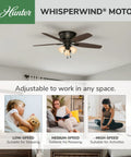 52 Inch Indoor Ceiling Fan With LED Lights, Bronze Finish, Low Profile Flush Mount, 5 Blades, Pull Chain in Bedroom Setting