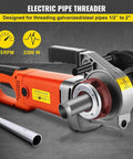 Badass Heavy Duty Electric Pipe Threader Kit With 2300w Pure Copper Motor and 6 Precision Dies for Rock Solid Half Inch To Two Inch Pipe Threading Handheld Plumbing Tool Set, showing 2300W motor and steel pipe.