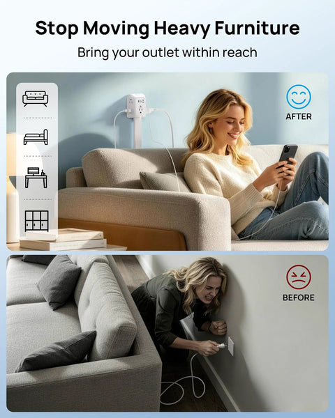 Slick Space Saving Outlet Extender Stick With 360 Rotating Plug And Solid Surge Protector For Behind Couch Bed Nightstand Adjustable Reach Easy Peasy Game Changer Setup, showing before and after use.