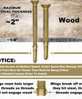 Diagram of two self-tapping deck screws with instructions for installing into wood, steel, and aluminum, showing material thickness.
