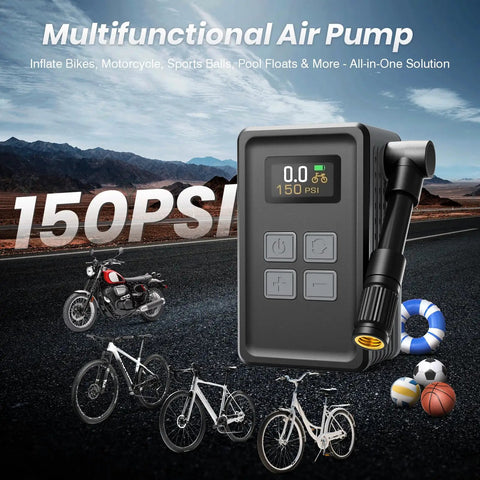 Portable Bike Tire Pump With Gauge 150 PSI Electric Inflator for Presta and Schrader valves, shown with digital display and adapters