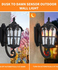 Dusk To Dawn Outdoor Wall Light With Sensor, Hands Free Operation, Matte Black Exterior Lantern; day and night view