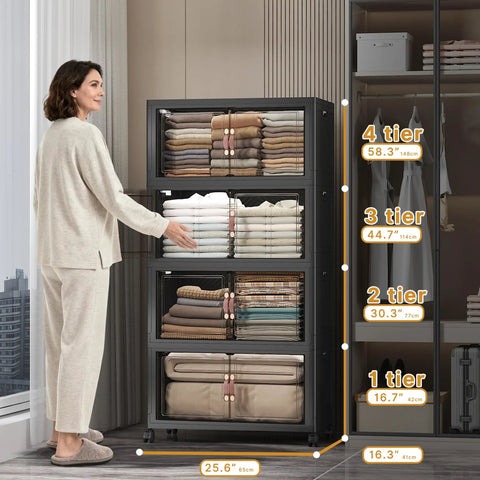 Extra Large Stackable Storage Bins With 2 Mesh Lids 896QT Collapsible Closet Organization System displaying folded blankets in a modern closet.