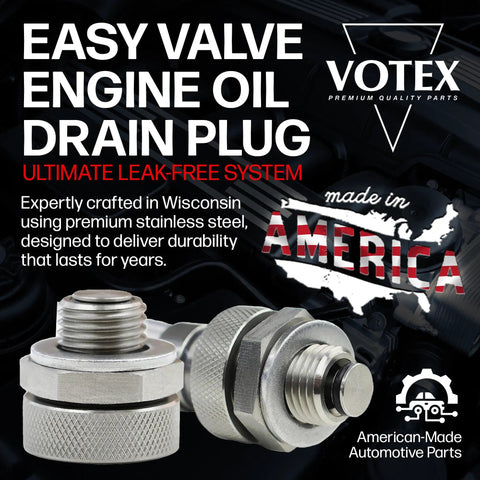 Easy valve engine oil drain plug by Votex, expertly crafted in USA with premium stainless steel for durability and leak-free performance.