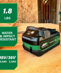 MultiVolt 18V And 36V Lithium Battery 5.0Ah And 2.5Ah on a workbench, showing water and impact resistance features.