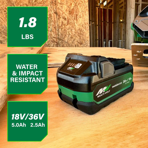 MultiVolt 18V And 36V Lithium Battery 5.0Ah And 2.5Ah on a workbench, showing water and impact resistance features.