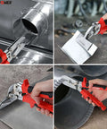 Two Piece Sheet Metal Hand Seamers With Five Blade Pipe Crimper And Three Inch Offset Jaw Bender in use on ductwork and metal.