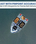 Bait Boat with Depth and Temp Sensor, GPS Range Up To 546 Yds, shown in water, displaying three independent bait tanks.